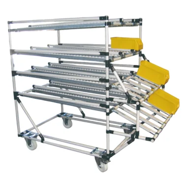 Racking modular G.S.ACE con estructura de tubos, ruedas y pistas de rodillos para líneas de producción
