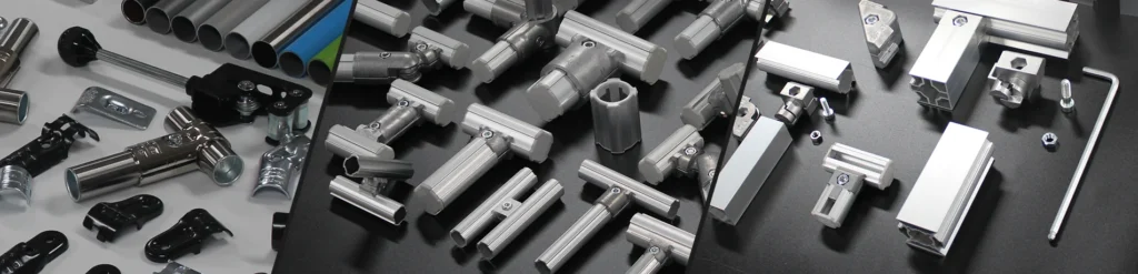 Componentes modulares G.S. ACE con tubos, uniones y perfiles de aluminio para estructuras industriales