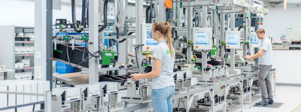 Ligne de montage industriel avec des opérateurs effectuant des opérations d’assemblage