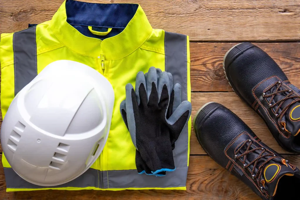 Equipo de protección individual: casco, guantes, calzado de seguridad y ropa de alta visibilidad para entorno industrial.