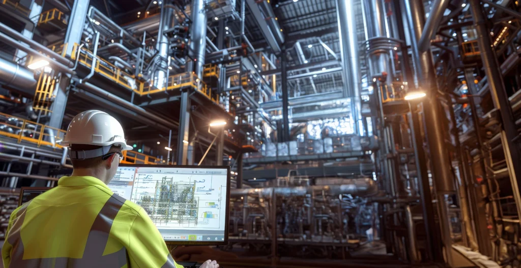 Ingeniero de mantenimiento supervisando una planta industrial con herramientas MRO y sistemas de operación.