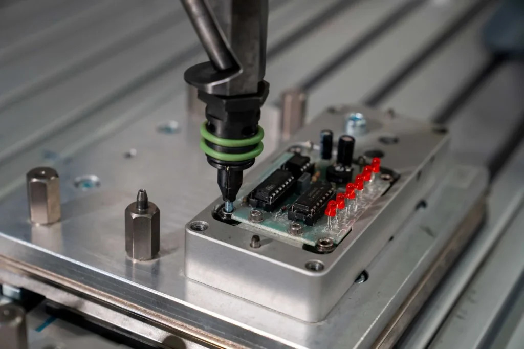 Atornillado de precisión en un proceso de montaje industrial sobre un componente electrónico