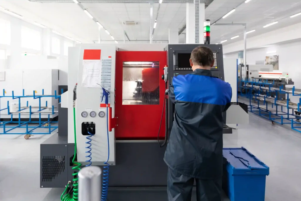 Operario trabajando con una máquina CNC en una planta de mecanizado industrial