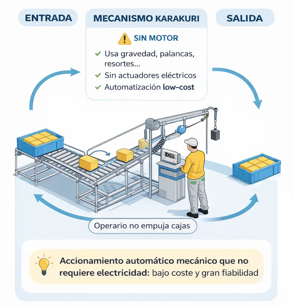 Diagrama del funcionamiento básico de un sistema Karakuri industrial