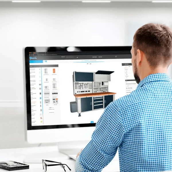 Usuario utilizando el configurador 3D de FAMI para diseñar mobiliario industrial