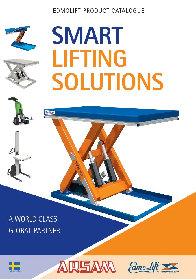 Portada del catálogo Edmolift con mesas elevadoras hidráulicas y soluciones de elevación industrial