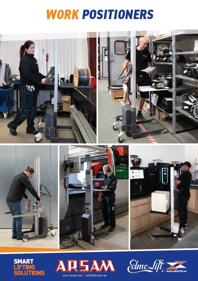 Carros elevadores ergonómicos Edmolift Work Positioners para manipulación de cargas en entornos industriales