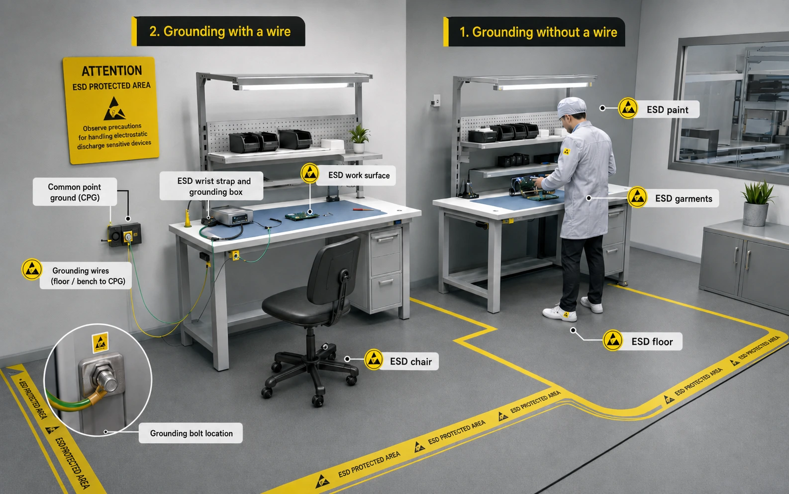 ESD protected area with grounding systems, ESD floor, garments, work surface and wrist strap