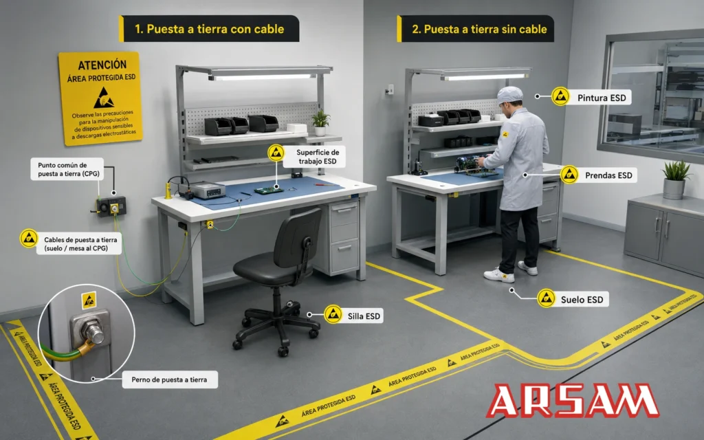 Área protegida con soluciones ESD: suelo, prendas, superficie de trabajo y sistemas de puesta a tierra