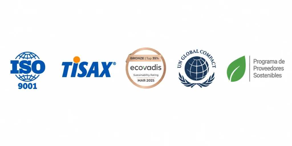 Certificaciones y compromisos de ARSAM: ISO 9001, ISO 27001, TISAX, EcoVadis, UN Global Compact y Programa de Proveedores Sostenibles