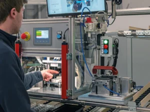Operario alimentando una máquina industrial con control y verificación mediante Smart Robots SRv3